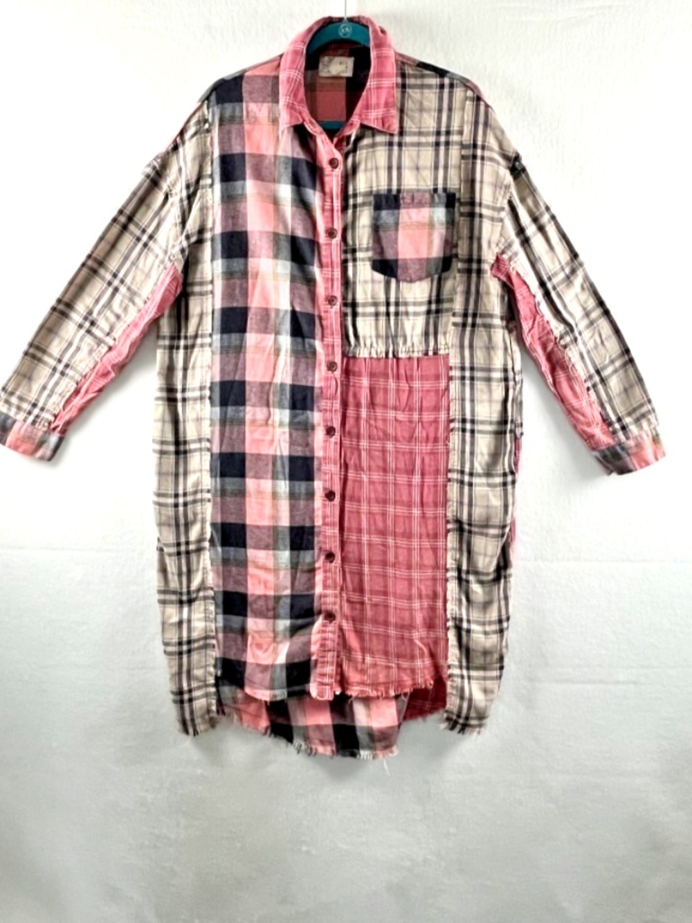 Oli & Hali Plaid Mixed Longline Button down Shirt Women's Size Small Pink Grey